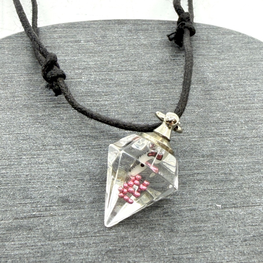 Clear Faceted Bottle Pendant Necklace Pink Beads Black Cord Y2K Statement Gift